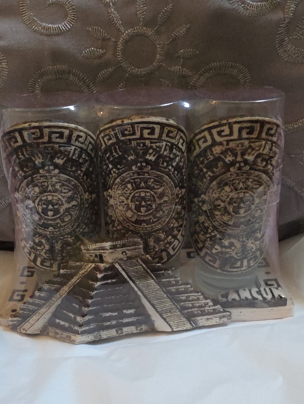 Cancun Pyramid Shot Glass Set - Brown Decorative Aztec Design